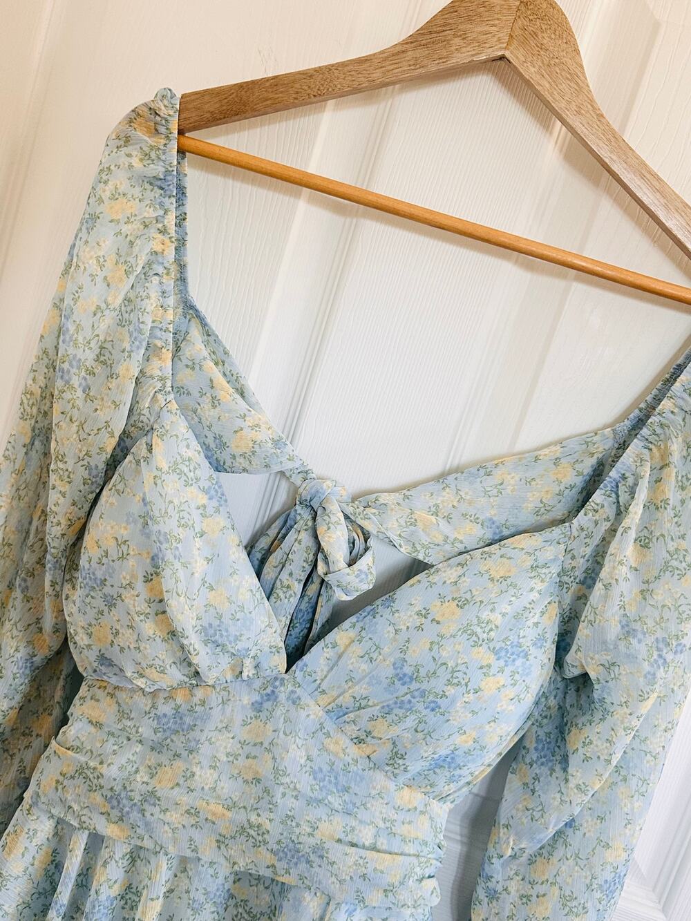 Altar’d State Floral Romper L Blue Yellow Long Sleeve Tie Back Cottagecore